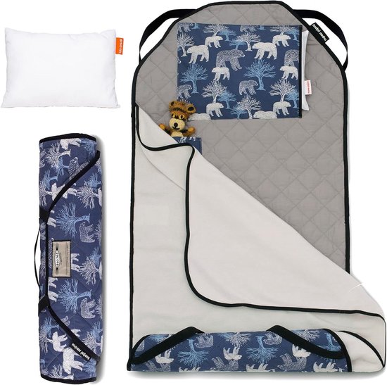 Kinder Slaapmat - Peuter Mat - Kinderdagverblijf Slaap - Met Dekentje en Kussen - 56 x 133 cm - Berenprint van Merkloos