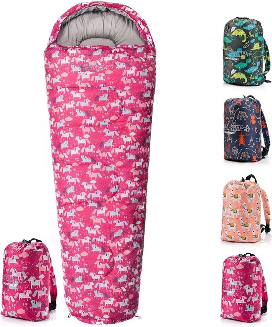 Kinder slaapzak - Mummieslaapzak capuchon - Kamperen en reizen - Inclusief rugzak - 160 cm - Eenhoorn