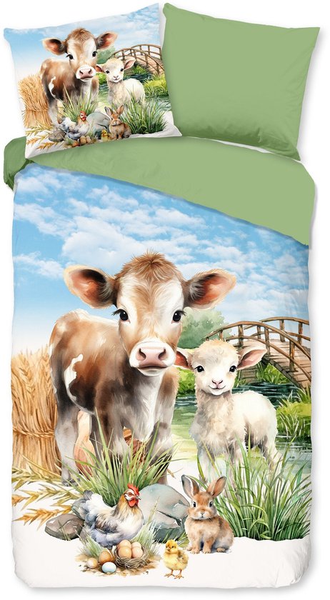 Kinderdekbedovertrek 140x220 cm - Boerderij Dieren Print - Koe, Schaap, Kip - Groen/Blauw - 1 Persoons - 100% Microfiber van Loullou.