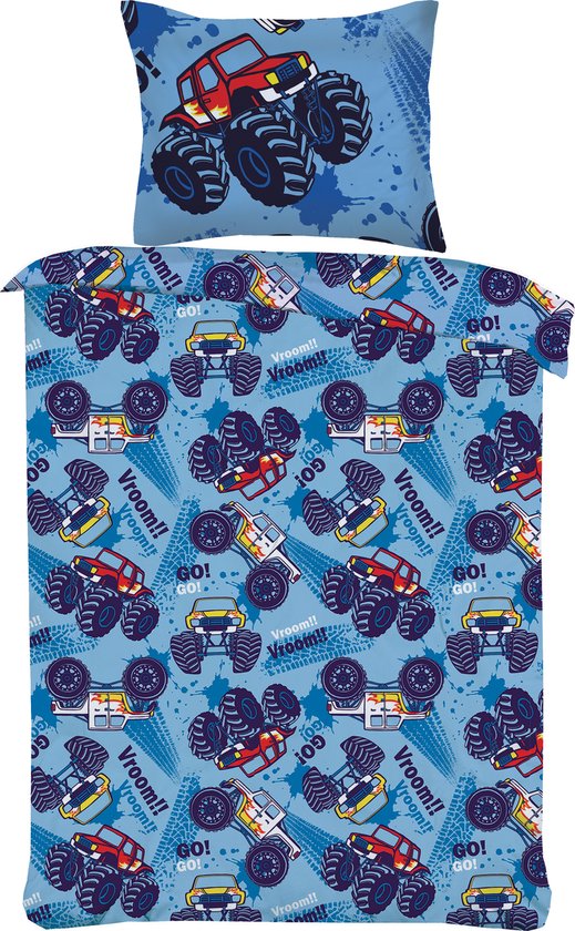 Kinderdekbedovertrek - Dekbedovertrek set-Monster truck- Vroom-Rood-Lichtblauw-Eenpersoons -140 x 220-cm + 1 kussensloop 60x70cm van Bloynook