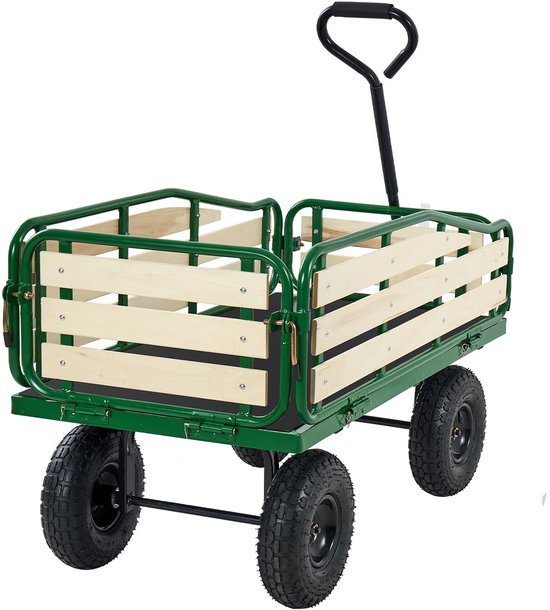 Kinderhandkar, 102 cm, Transportkar met Duwstang, Gemaakt van Hout en Metaal, Max. Draagvermogen van 150 Kg, Geschikt voor Kinderen Vanaf 5 Jaar, Ideaal voor Tuin, Uitstapjes en Strand, Groen en Geel