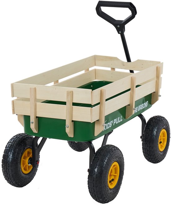 Kinderhandkar, 118 cm, Transportkar met Duwstang, Vervaardigd Uit Hout en Metaal, Maximaal Draagvermogen van 250 Kg, Geschikt voor Kinderen Vanaf 5 Jaar, Ideaal voor Gebruik in De Tuin, Tijdens Uitstapjes of Op Het Strand, Groen /Zwart
