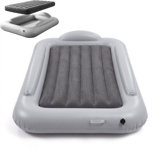 Kinderluchtbed - Opblaasbaar Kinderbed - Kids Travel Luchtbed - Opvouwbaar Reisbed - PVC Slaapmat voor Kinderen - Inclusief Pomp - Grijs - 160 x 100 x 30 cm