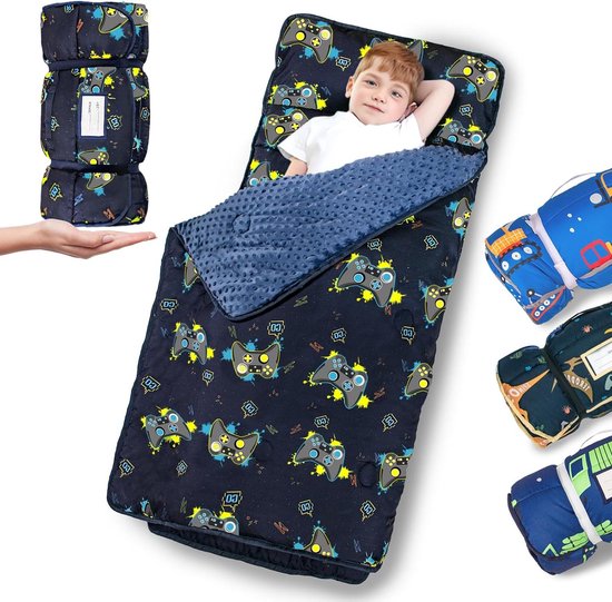 Kinderslaapmatset - Slaapmat met deken - Kinderdagverblijf gebruik - Alles-in-één ontwerp - 140 x 57 cm - Blauw Verkeer