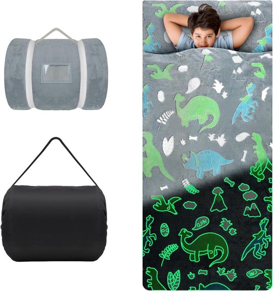 Kinderslaapzak - Slaapzak Kinderen - Kamperen Buiten - Dubbele Rits - 170x75 cm - Dinosaurus Grijs