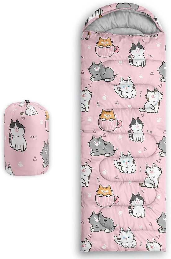 Kinderslaapzak - Slaapzak voor kinderen - Kamperen en buiten - Waterdicht en koudebestendig - 230 x 80 cm - Kattenprint