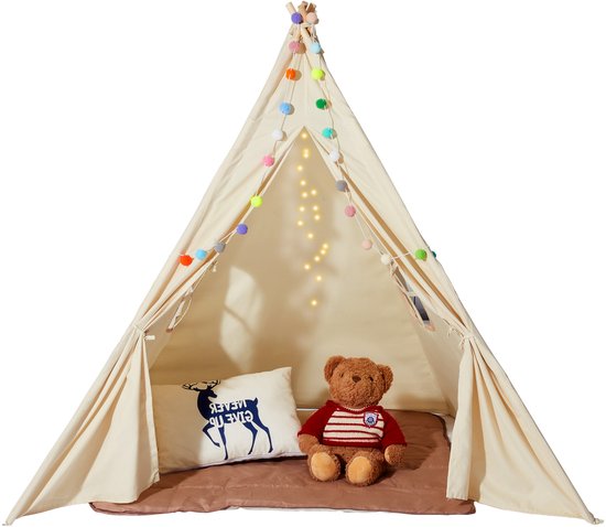 Kinderspeeltent, tipi voor 1-5 jaar, mat & pluche ballen, raam, binnen & buiten, jongens & meisjes, beige
