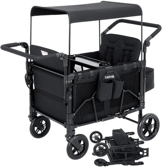 Kinderwagen 4‑zits All‑Terrain - Opvouwbaar - 360° wielen - Vijfpuntsgordel - Verstelbare duw‑ en trekhendel - Verwijderbare kap - Snackblad - XXL opbergruimte