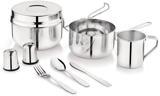 Kinghoff - KH-2060 - 9-Delig Camping Kookset - Kampeerset met Kookpan 1,5L, Mok 0,5L & Bakje 1,1L - Campingservies met Bestek, Mes, Vork & Lepel - Inclusief Zout- en Peperstrooiers - Reis- & Outdoor Set voor Camper en Tent - RVS
