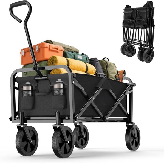 KIRA® Bolderkar Opvouwbaar Luchtbanden - Offroad Handkar Tot 100kg Laadvermogen - Trolley met Uitschuifbare Handgreep - Zwart - 50cm x 102cm x 114cm