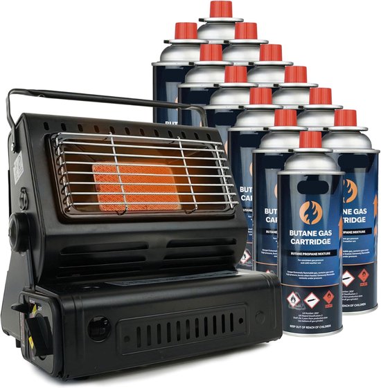 KIRA® Gaskachel -Inclusief 12 Gasflessen Verwarming - Kooktoestel - Zwart - 25cm x 29cm x 24cm