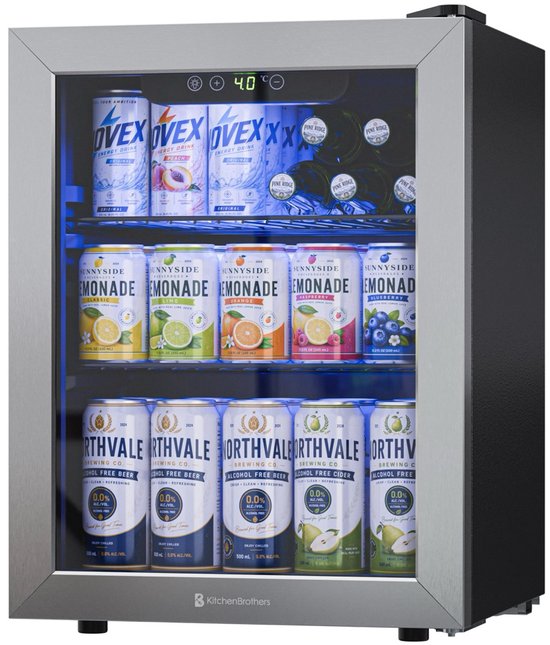 KitchenBrothers Drankkoelkast - 48L - Mini Koelkast - Glazen Deur - Minibar - 68 Blikjes - Zwart