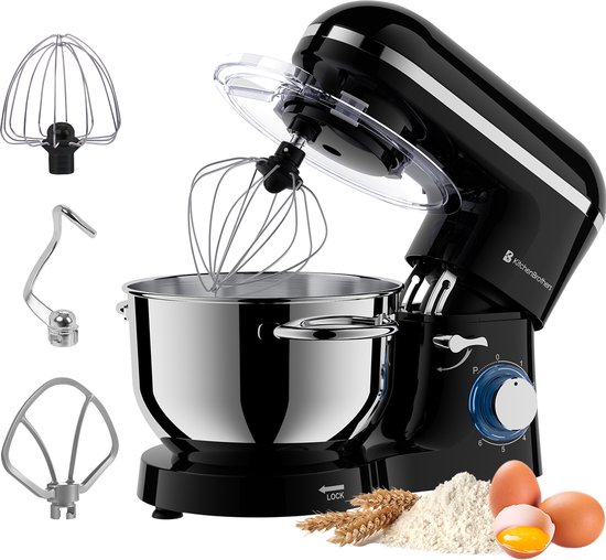 KitchenBrothers Keukenmachine - Keukenrobot - 6,2L - Mixer met Mengkom - Keukenmixer - 1400W - Zwart van KitchenBrothers