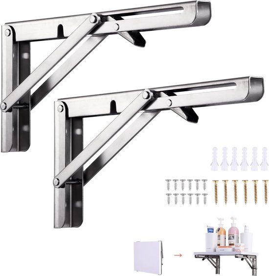 Klapconsole 300 mm, 2 stuks klapconsole, zware belasting, roestvrij staal, klaptafel, wand, klapplankhouders, draagvermogen 50 kg, voor ruimtebesparende huis, keuken, kantoor, klaptafel, wandmontage. van Merkloos
