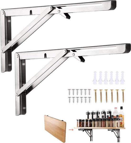Klapconsole 350 mm, 2 stuks klapconsole, zware belasting, roestvrij staal, klaptafel, wand, klapplankhouders, draagvermogen 65 kg, voor ruimtebesparende huis, keuken, kantoor, klaptafel, wandmontage. van Generic