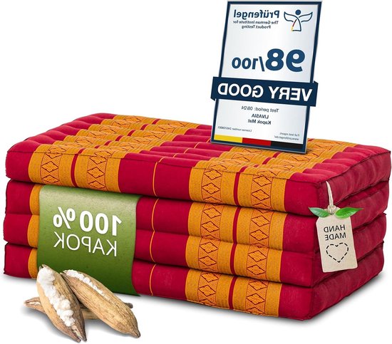 Klapmatras Kapok - Gastenmatras Plooibaar - Kamperen en Ontspannen - Natuurlijk en Duurzaam Gevuld - 200x80x8cm - Rood/Geel van Merkloos