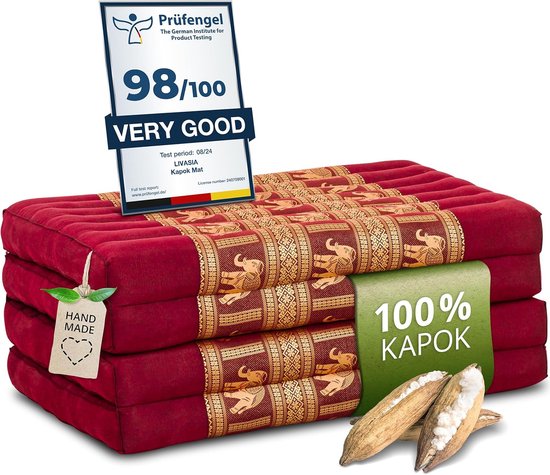 Klapmatras Kapok - Gastenmatras Plooibaar - Kamperen Yoga - Natuurlijke Vulling - 200x80x8cm - Rood Olifant van Merkloos