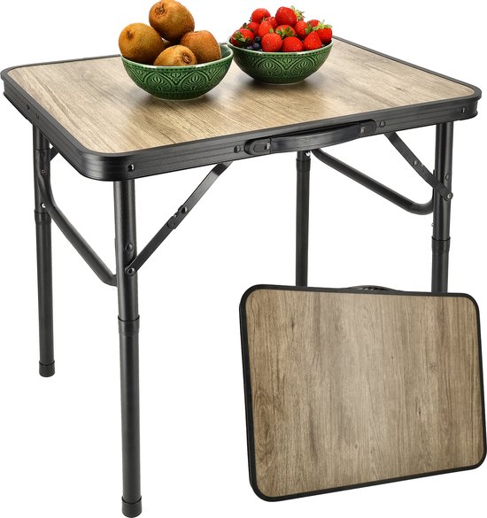 Klaptafel 60x45 cm - Inklapbare Campingtafel met Verstelbare Hoogte 25,5/55,5 cm - Opvouwbare Vouwtafel met Handvat - Compacte Houtlook Picknicktafel voor Camping, Caravan, Balkon en Tuin
