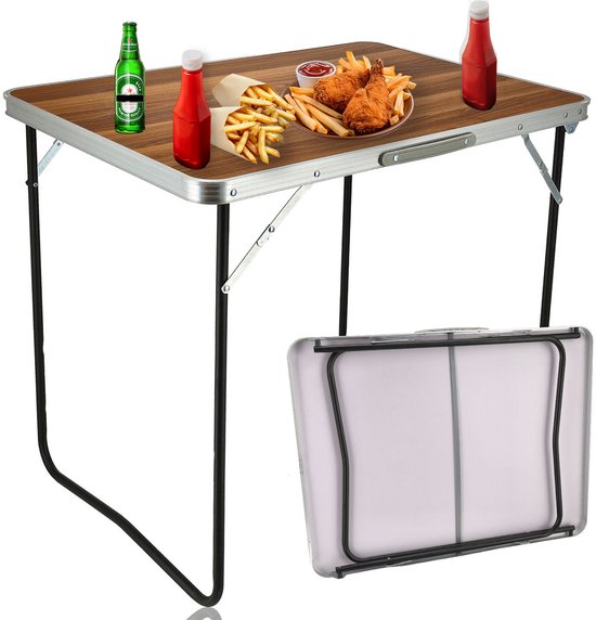 Klaptafel 80x60x70cm – Inklapbare Campingtafel Houten Look – Opvouwbare Tuintafel met Handvat – Vouwtafel voor Buiten – Camping en Tuin van Merkloos
