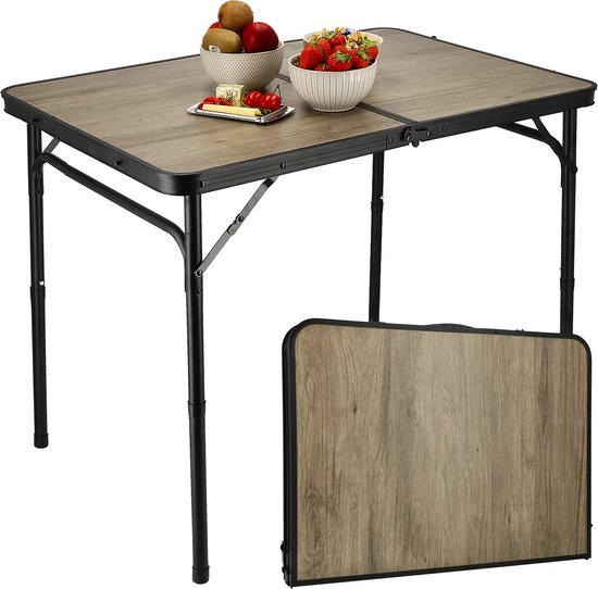 Klaptafel 90x60cm - Inklapbare Campingtafel met Verstelbare Hoogte 40/70cm - Belastbaar tot 30 kg - Opvouwbare Vouwtafel met Handvat - Tuintafel Houtlook voor Camping, Balkon, Picknick en Caravan van Merkloos