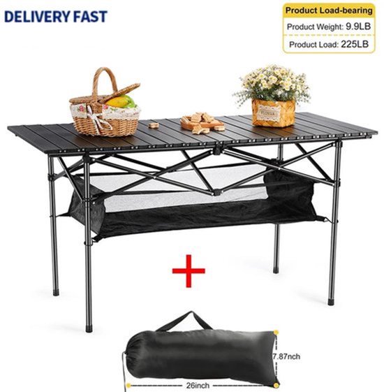 Klaptafel - Camping - Tuint - Feest - Picknick - Barbecue - Opvouwbare - Inklapbare - Draagbaar - Bureau -Lichtgewicht - Belastbaar Tot 150KG - Met Netzak - Zwart