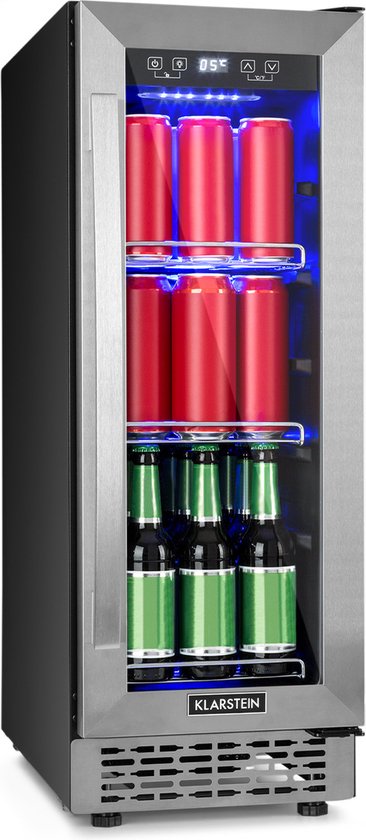 Klarstein Beerlager 56 drankkoelkast, 56 liter, 63 flessen, inbouw, 82 cm hoog, glazen deur met roestvrijstalen frame, 3 schappen, temperatuur: 0 - 10 °C, touchscreen bedieningspaneel, zwart - LED - RVS - Mini Fridge - Compact Koelkast