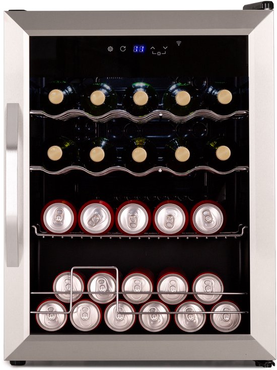 Klarstein Coachella 60 Drankenkoelkast - 60 L wifi-compatibel, LED-verlichting, Roestvrij staal, Fluisterstil, 3-18 °C, Uitneembare schappen, Drankenkoelkast met glazen deur