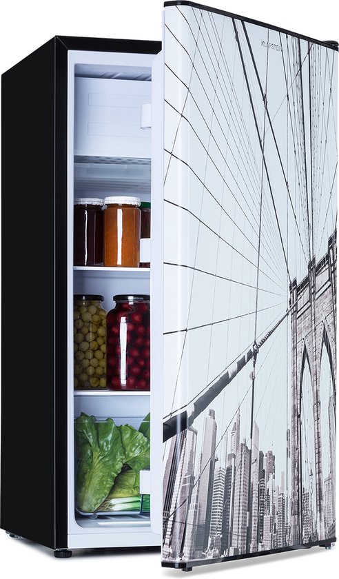 Klarstein CoolArt koel-vriescombinatie - Koelkast met 2 koelstanden, designfront, 5-traps thermostaat, 0 tot 10 °C, inhoud: 79 liter, motief: Stadsgezicht