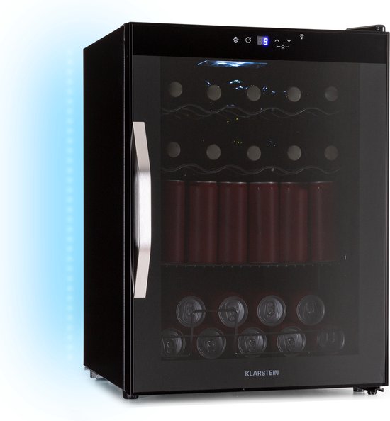 Klarstein Drankkoeler Coachella 60 - 60 liter drankkoeler met wifi, glazen deur, ledverlichting, 3-18 °C, 3 metalen schappen, gebalanceerd licht, energie-efficiëntieklasse E, zwart - Drankkoelkast Drankenkoelkast - Touch - RVS