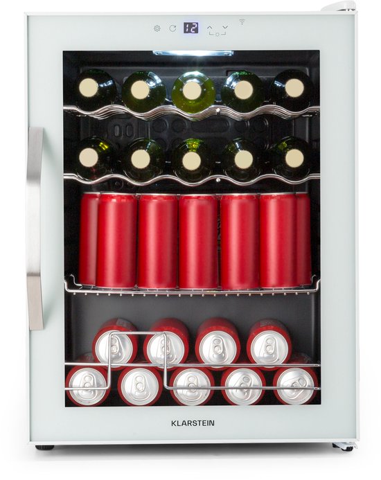 Klarstein Drankkoeler Coachella 60 Drankenkoelkast - 60 liter met wifi, glazen deur, LED-binnenverlichting, 3-18 °C, 7 lichtkleuren, 3 metalen schappen, energie-efficiëntieklasse E, wit - Drankkoelkast - Touch - RVS - Drankenkoeler