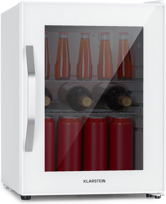 Klarstein Drankkoeler minikoelkast met glazen deur, minikoelkast voor op de kamer, kleine met verstelbare schappen, kleine koelkast van 33 liter, stille koelkast voor binnen en buiten - Drankenkoelkast - Touch - Wit - Drankkoelkast