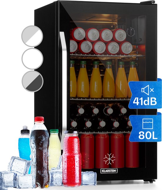 Klarstein Drankkoeler minikoelkast met glazen deur, minikoelkast voor op de kamer, kleine met verstelbare schappen, kleine koelkast van 80 liter, stille koelkast voor binnen en buiten - Drankkoelkast - Touch - Zwart - Drankenkoeler van Merkloos