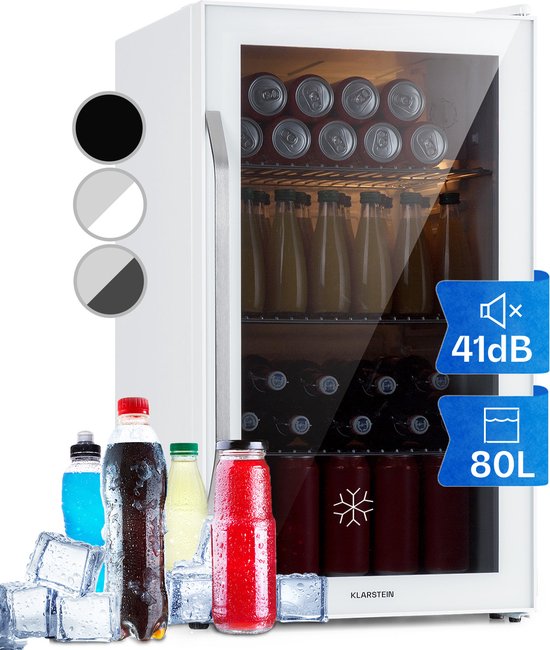 Klarstein Drankkoeler minikoelkast met glazen deur, minikoelkast voor op de kamer, kleine met verstelbare schappen, kleine koelkast van 80 liter, stille koelkast voor binnen en buiten - Touch - Wit - RVS LED - Drankkoelkast