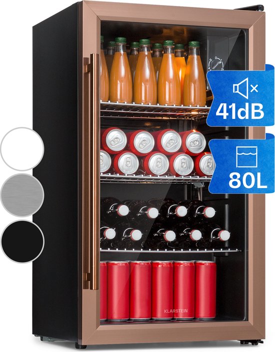 Klarstein Drankkoeler XXL minikoelkast met glazen deur en ledverlichting, minikoelkast voor op de kamer, kleine met 3 schappen, kleine koelkast van 80 liter, koelkast voor binnen en buiten, stil en weerbestendig, 3-10 °C - Drankkoelkast - Touch van Merkloos