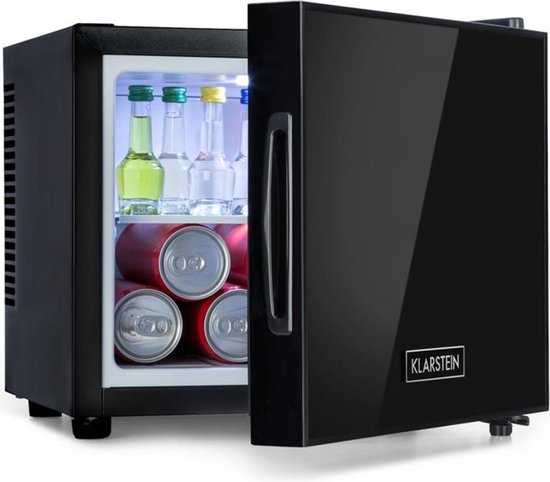 Klarstein Frosty - Vrijstaande Mini-Koelkast - 10 Liter - Losse Glazen Bodemplaat - 33dB - Koele Frisheid - Voor Gastkamers Of Slaapkamers - Glansrijk - Thermo-Elektrisch Koelsysteem - Spiegelglasdeur - Praktisch - Elegant - Zwart van Klarstein