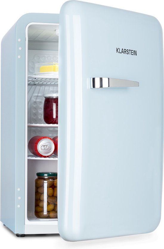 Klarstein Koelkast Audrey Mini retro - volume: 70 Liter - Temperatuur: 0-10 °C - 4 Niveaus - 2 Deurvakken - 3 Schappen - Compressiekoeling - mechanische thermostaat - retro design - Jaren 50 look Blauw - voor Keuken voor Kantoor