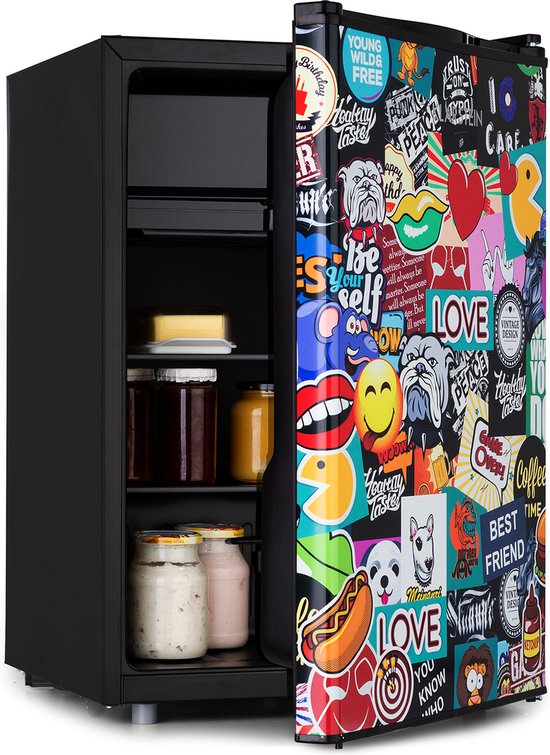 Klarstein Koelkast Cool Vibe - Inhoud: 70 liter, VividArt Concept: Deur met stickerbomb-designprint, ijsvak, ijsblokjesbakje, geluidsniveau: 42 dB, zwart - 72L - Mini Fridge - Compact Koelkast - Kleine Koelkast - Vrijstaande Koelkast