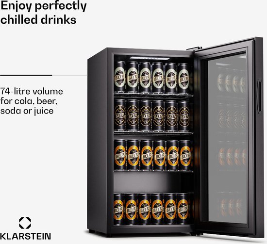 Klarstein koelkast met glazen deur, stille roestvrijstaal koelkast, indoor/outdoor drankenkoelkast, smalle wijnkoelkast voor dranken, 74L koelkast met uitneembare schappen, 3-18°C - 45 cm - Touch - RVS - Wijnklimaatkast - Wijnkast