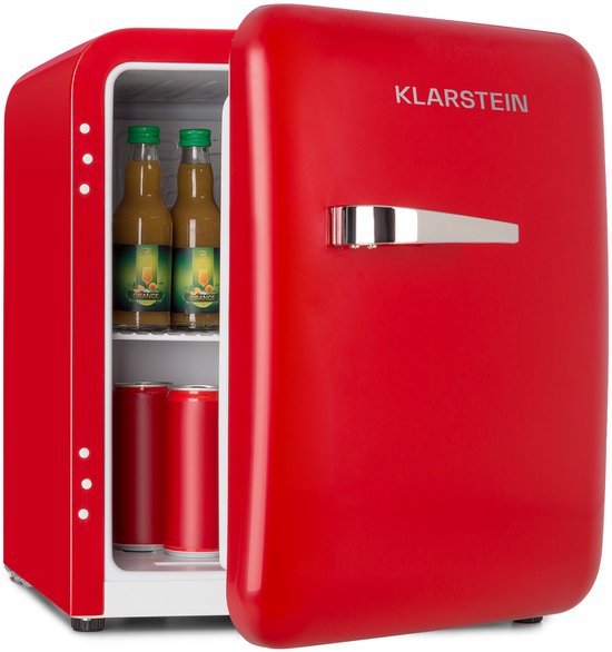 Klarstein Mini-Koelkast Audrey Mini retro Mini koelkast -Drankkoelkast - Energie-efficiëntieklasse D - 48 Liter inhoud - 2 Niveaus - Koeltemperatuur: 0 - 10 °C - Jaren 50 retro Stijl - Flessenvak & eierbakje - Rood - Mini Fridge van Klarstein