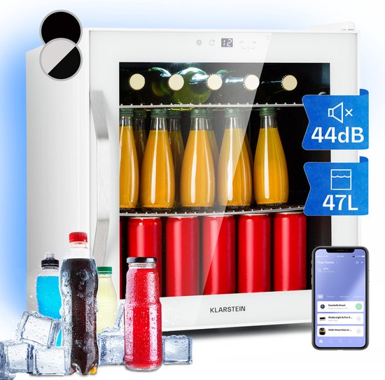 Klarstein Mini Koelkast met Glazen Deur, Kleine Stille Mini Koelkast voor Kamer & Tuin, Indoor/Outdoor Drankkoelkast met IoT/App-bediening, Koelkast voor Cosmetica & Dranken, 5–18 °C, 47 L