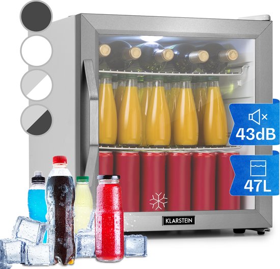 Klarstein Mini Koelkast met Glazen Deur, Mini Koelkast voor Kamer, Kleine Drankkoelkast met Verstelbare Planken, Kleine Koelkast 47 Liter, Indoor/Outdoor Koelkast Stil - Drankenkoelkast - LED-Binnenverlichting Compact - RVS