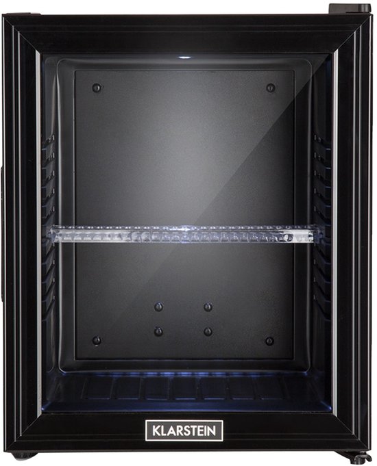 Klarstein Minibar Brooklyn 30 Mini Koelkast - Thermo-elektrisch koelsysteem - 30 liter inhoud - 3 standen koeling: tot 12 °C - Energie-efficiëntieklasse F - 23 dB - Flexibel kunststof plateau - LED licht - Panoramadeur van glas - Zwart