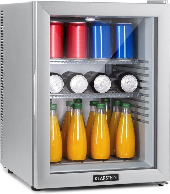 Klarstein minikoelkast met glazen deur, minikoelkast voor drankjes, snacks en cosmetica, kleine en stille koelkast, verstelbare planken, kleine huidverzorgingskoelkast 12-18 °C, 42 liter