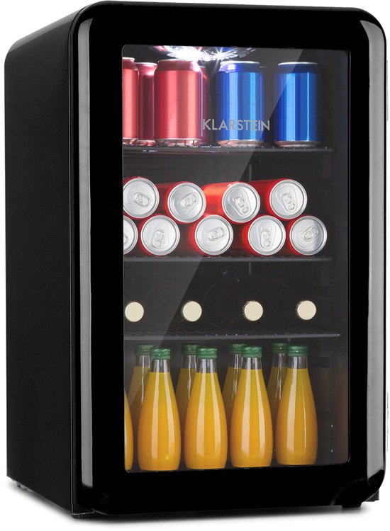 Klarstein PopLife Drankenkoeler - Minibar, retro Koelkast, 0-10°C, slechts 39 dB, 70 L, milieuvriendelijk, dubbelwandige deur, retro design, zwart - Drankkoelkast - voor Bar - Verstelbaar - Beverage Cooler - Flessenkoelkast
