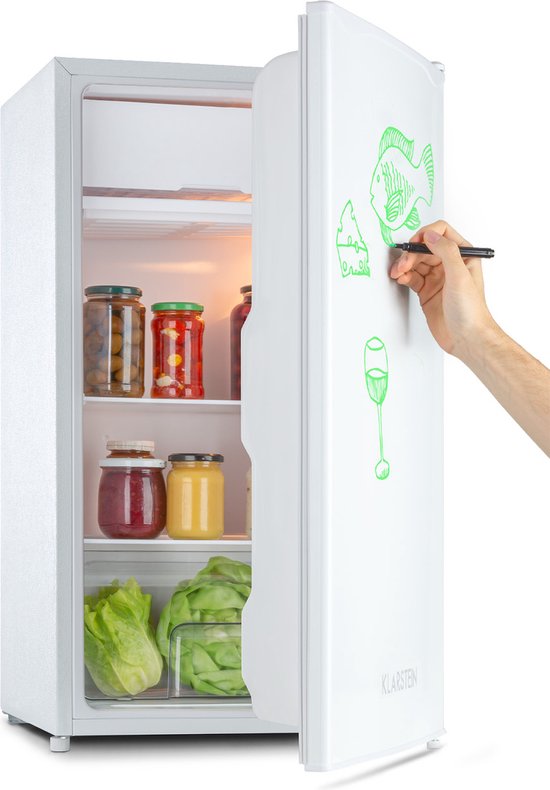 Klarstein Spitzbergen – Koelkast, energie-efficiëntieklasse E, vriesvak, ZestfulART-design: beschrijfbare deur inclusief marker, 2 deurvakken, wit, 90 liter