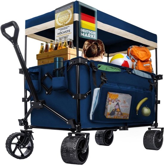 Klarven® Bolderkar Blauw - Opvouwbaar met Dak - Draagvermogen tot 150 kg, Verstelbare Duwstang, XXL-assen - Polyester - L 90 x B 50 x H 10 cm