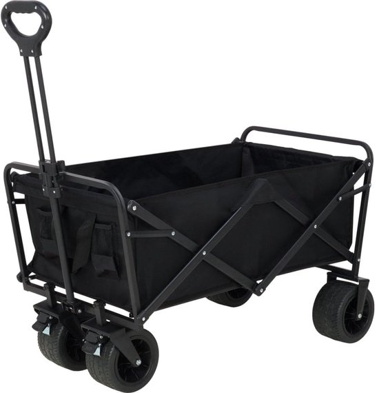 Klarven® Bolderkar Opvouwbaar Luchtbanden Zwart - Inclusief Duwstang, Sterke Constructie - Voor Strand en Kinderenvervoer - B 96 x H 57 x D 57 cm