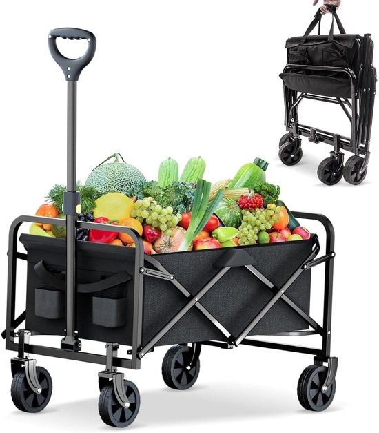 Klarven® Bolderkar Zwart - Opvouwbaar met Luchtbanden - Voor Kinderen, Boodschappen en Strand, Soepel op Elk Terrein - B 92 x D 72 x H 46 cm