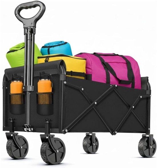 Klarven® Bolderkar Zwart - Opvouwbaar met Luchtbanden - Voor Kinderen, Boodschappen en Strand - Stevig Stalen Frame met Duwstang - B 48 x D 72 x H 95 cm
