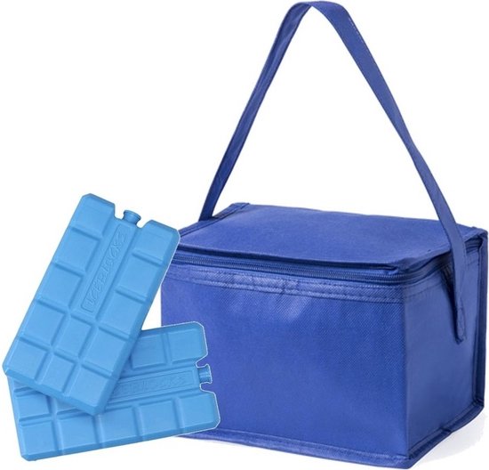 Klein koeltasje - blauw - voor 6 blikjes - inclusief 2x koelelementen - Lunch - Medicijnen - Compacte koeltas - 21 x 15 x 15 cm